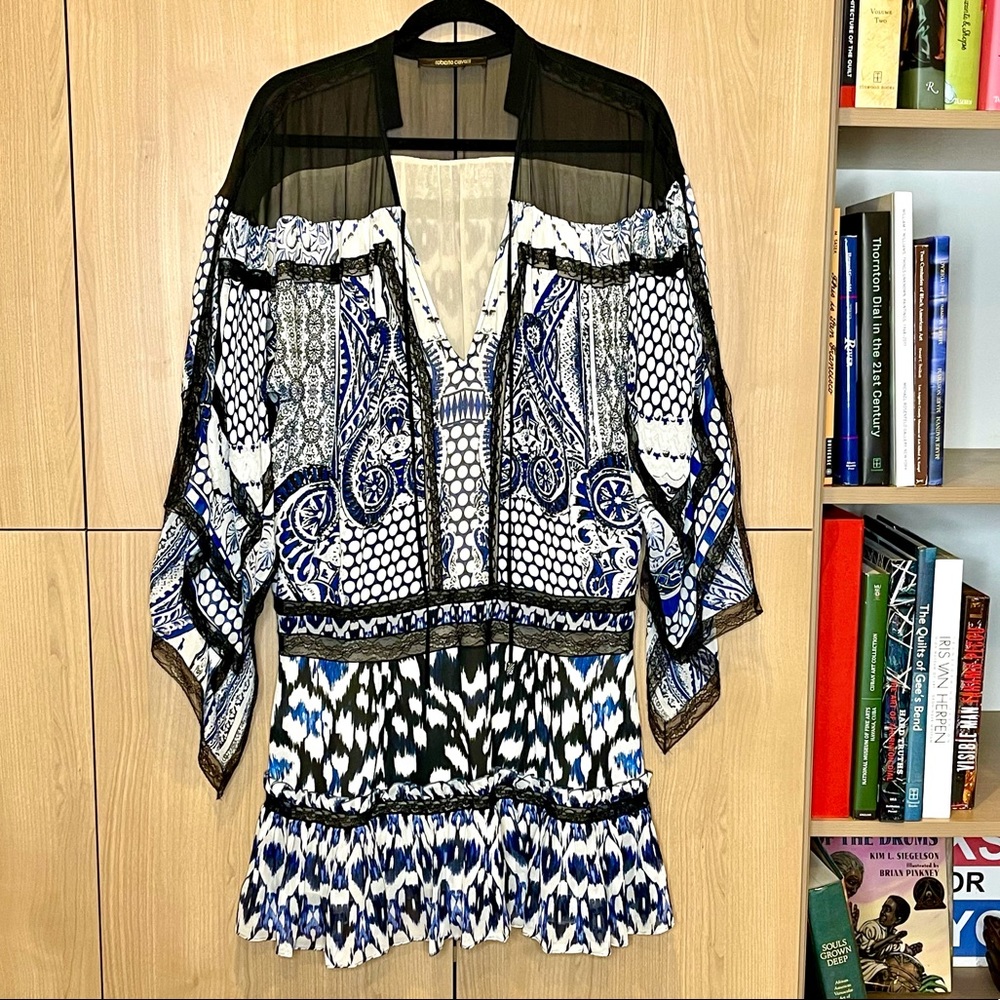 Roberto Cavalli mini Ikat print dress lace details